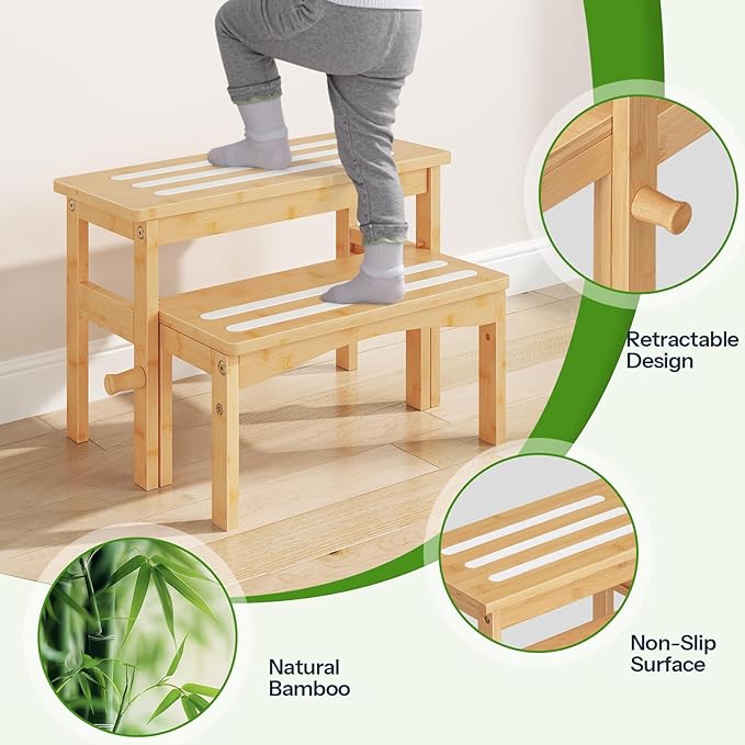 HOOBRO Wooden Step Stool for Toddlers, 2-in-1 Step Stool for Kids, Retractable Bamboo Stool with Anti-Slip Surface, for Bathroom Sink, Potty Training, Easy Assembly, Natural and White YL20JD01