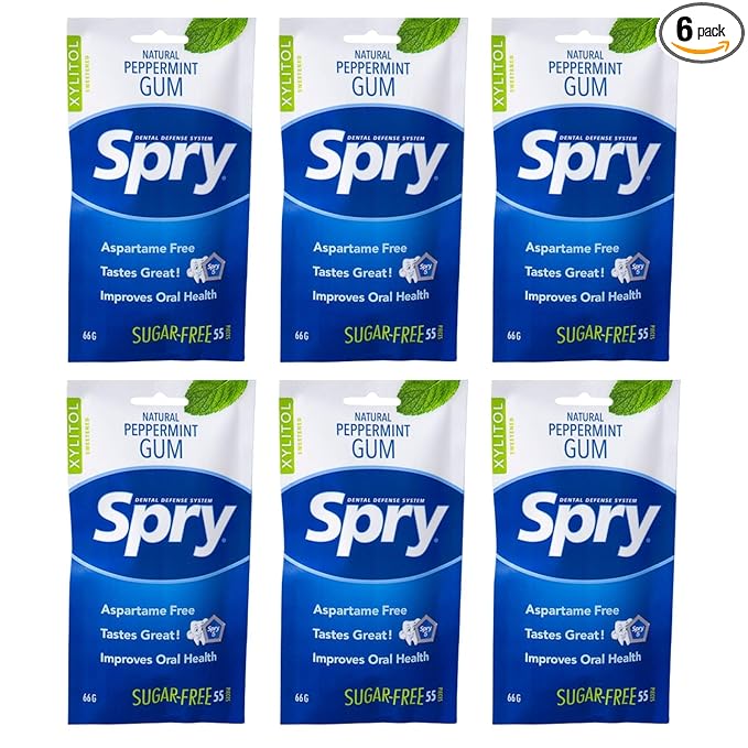 Spry On The Go Fresh Natural Xylitol Chewing Gum Dental Defense System - Aspartame-Free, Sugar-Free, Non-GMO (Peppermint, 55 Count - Pack of 6)