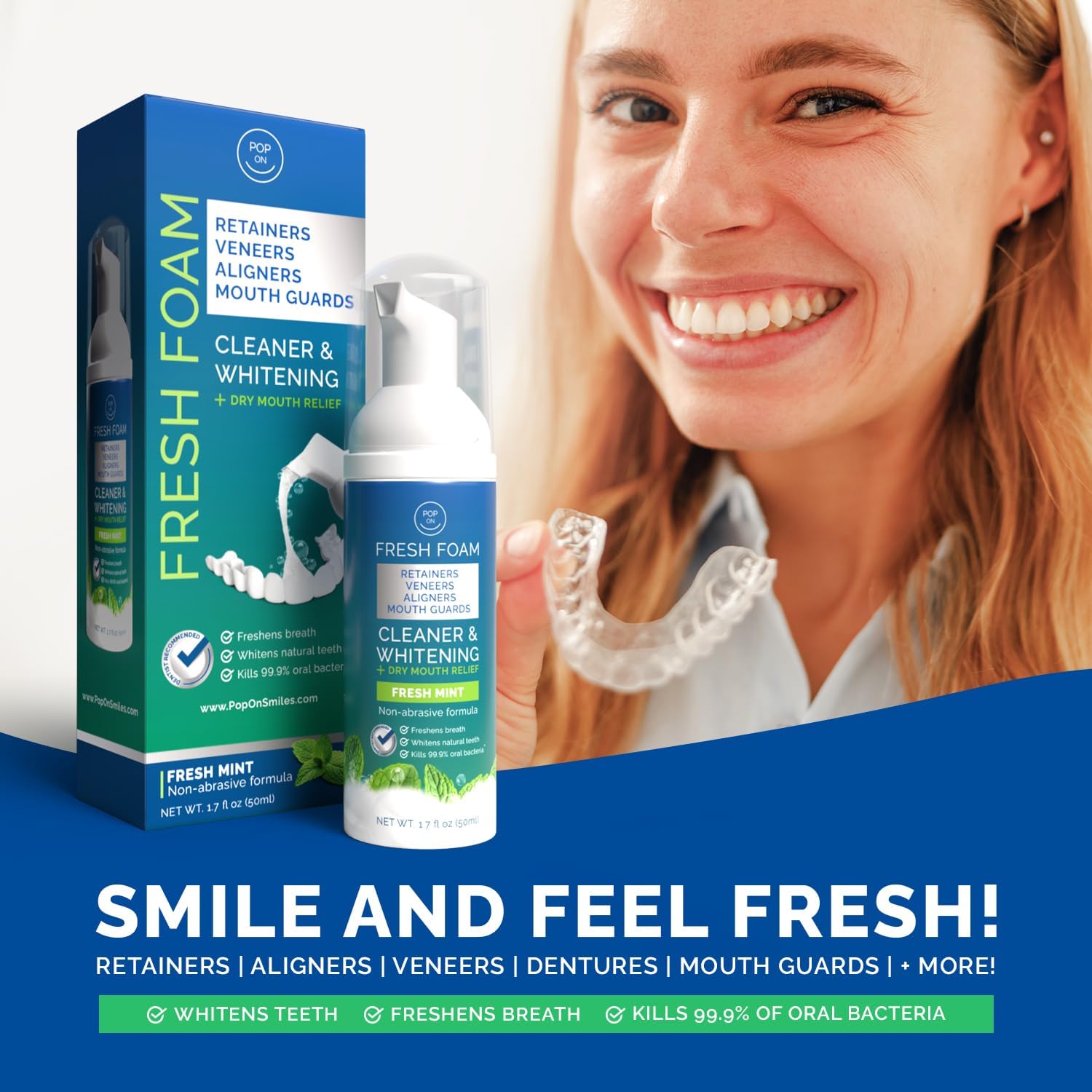 Aligner & Retainer Cleaner Fresh Foam – Dry Mouth Relief, Compatible with All Clear Aligners, Retainers, Mouth Guards, Night Guards, Veneers, Whitens, Freshens, 3% Hydrogen Peroxide, Mint - 50ml 3pcs