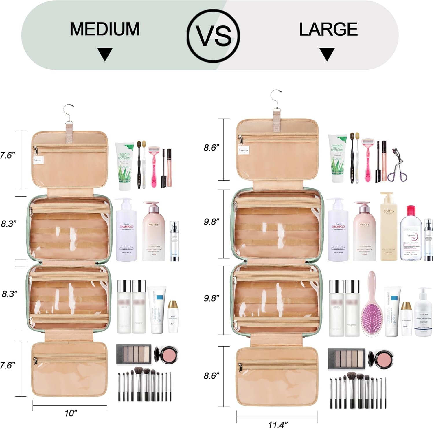 Travel Hanging Toiletry Bag for Women, Cruise Ship Essentials, with Jewelry Organizer, Extra Large Makeup Dopp Kit, Waterproof Cosmetic Bags, Toiletries Kit Set with Trolley Belt, Green