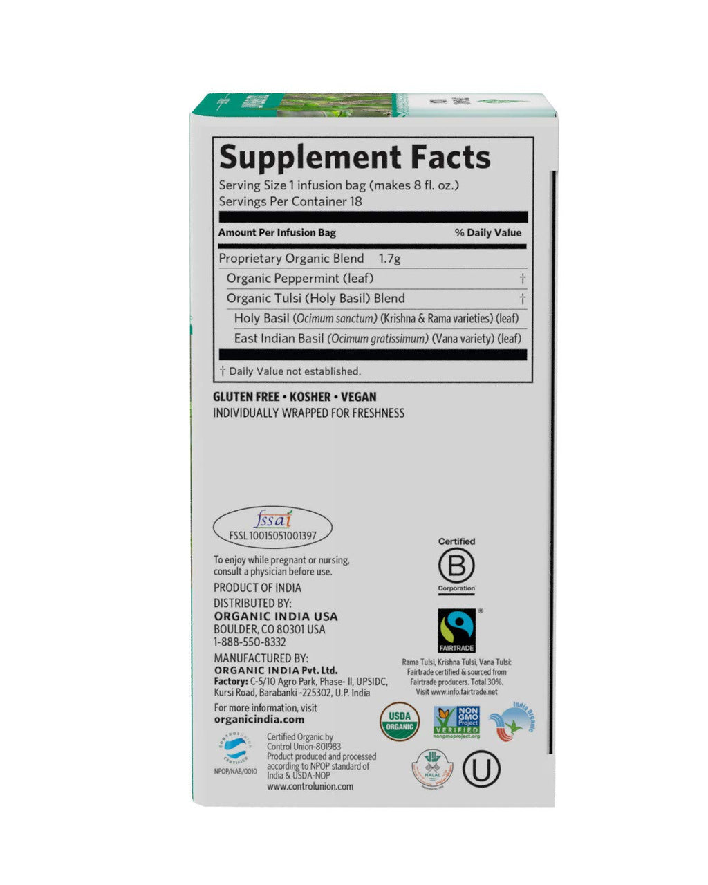 ORGANIC INDIA Tulsi Peppermint Tea - Caffeine Free Herbal Mint Tea - Stress Relieving Holy Basil, Immune Support, Aids Digestion, Vegan, USDA Certified Organic, Fairtrade - 18 Infusion Bags, 6 Pack