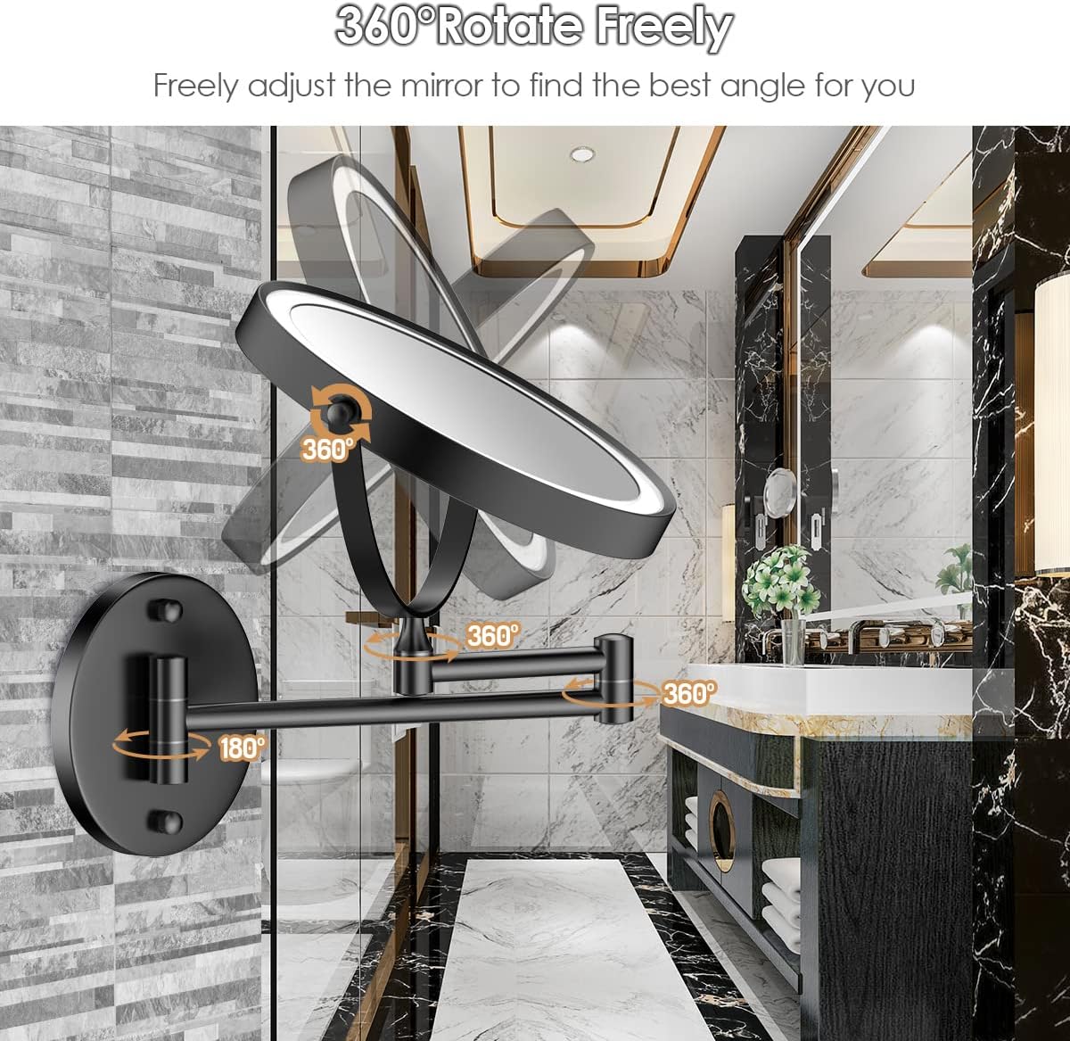 Rocollos Rechargeable Wall Mounted Lighted Makeup Mirror, 8 Inch Double-Sided LED Vanity Mirror 1X/10X Magnification,3 Color Lights Touch Screen Dimmable 360°Swivel 13 Inch Extendable