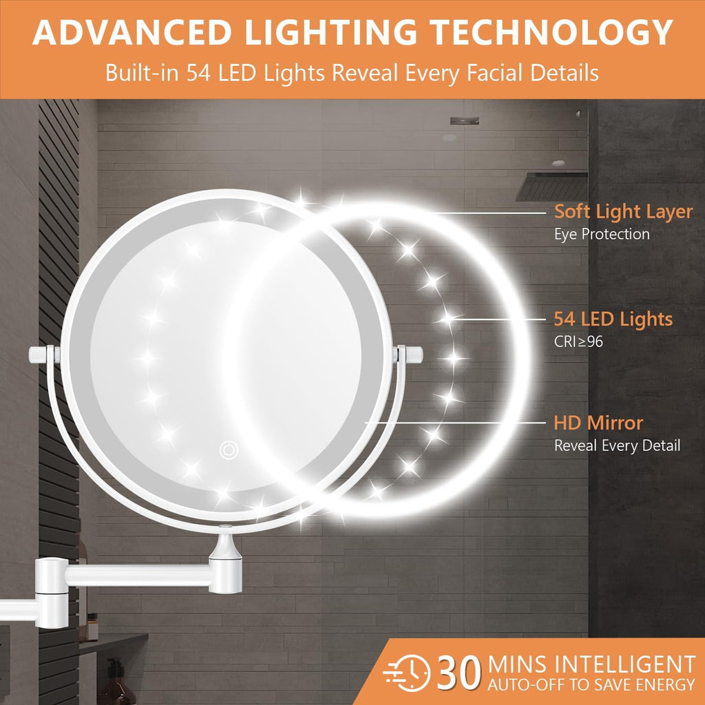 1X/30X Wall Mounted Makeup Mirror with Light, 8" Rechargeable Double-Sided Magnifying Mirror, Vanity Mirror Dimmable 3 Color Light, 360° Extension Rotation Foldable 14.5 Inch Arm, White