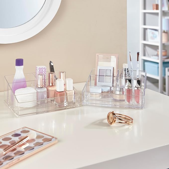 STORi Clear Plastic Small Countertop Vanity Makeup Organizer, Compact Rectangular 4-Compartment Holder for Brushes, Eyeshadow Palettes, & Beauty Supplies, Made in USA (Pack of 2)