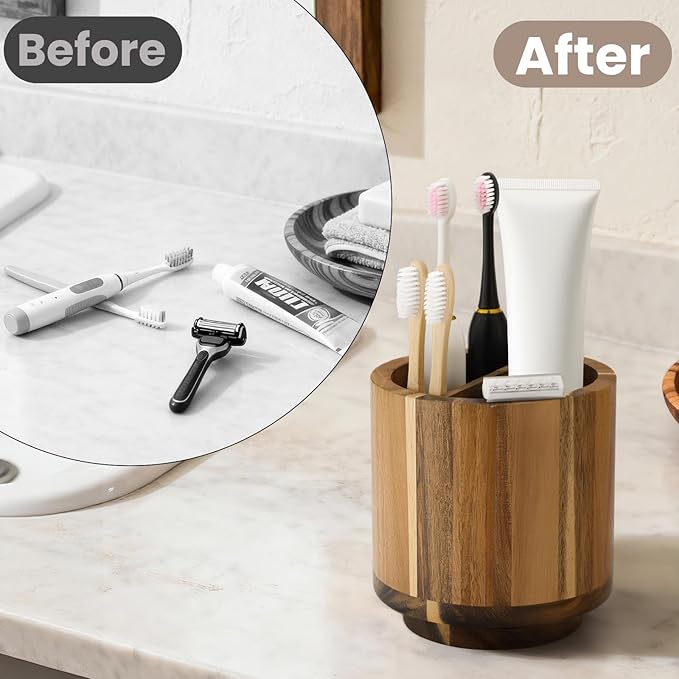 Toothbrush Holders for Bathrooms,Toothbrush Cup,Wooden Bathroom Cup with Rotation,Bathroom Counter Organizer with Vent Hole,Desk Organizer,For Electric Toothbrush,Toothpaste,Water Flosser,Razor