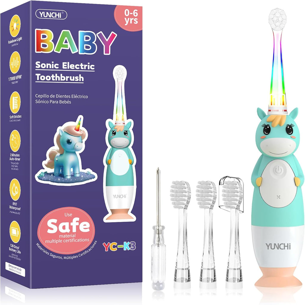 YUNCHI Toddler Electric Toothbrush Kids 0-3-6 Years, Baby Electric Toothbrush with Colorful LED Light, Battery Powered Toddler Toothbrush with 2 Minutes Timer 4 Brush Heads, Infant Toothbrush (Green)