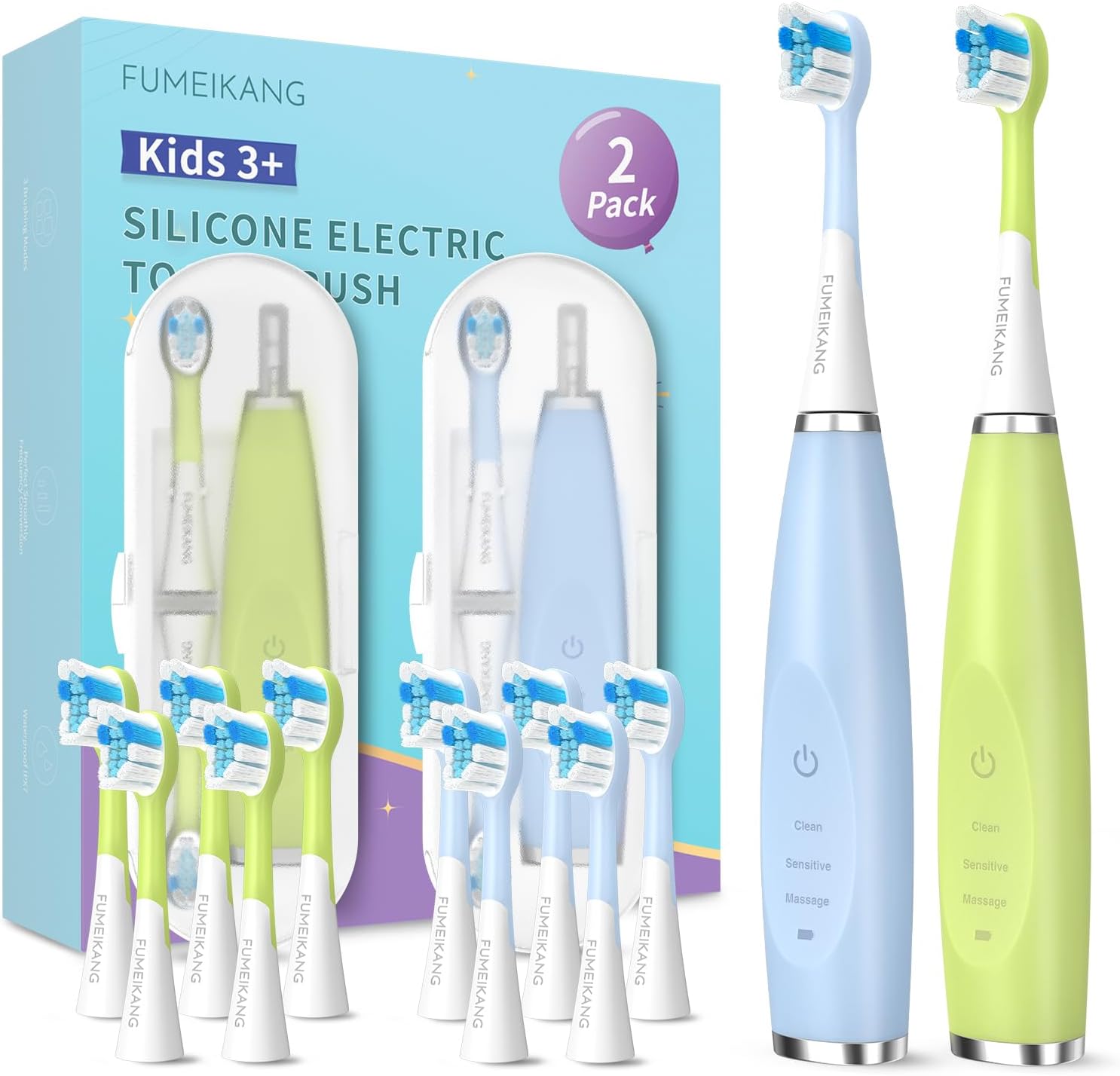Kids Electric Toothbrushes 2 Pack Smart Sonic Toothbrush for Boys and Girls 3 4 5 6 7 8 9 10 11 12 (Blue+Green, 2 Pack)