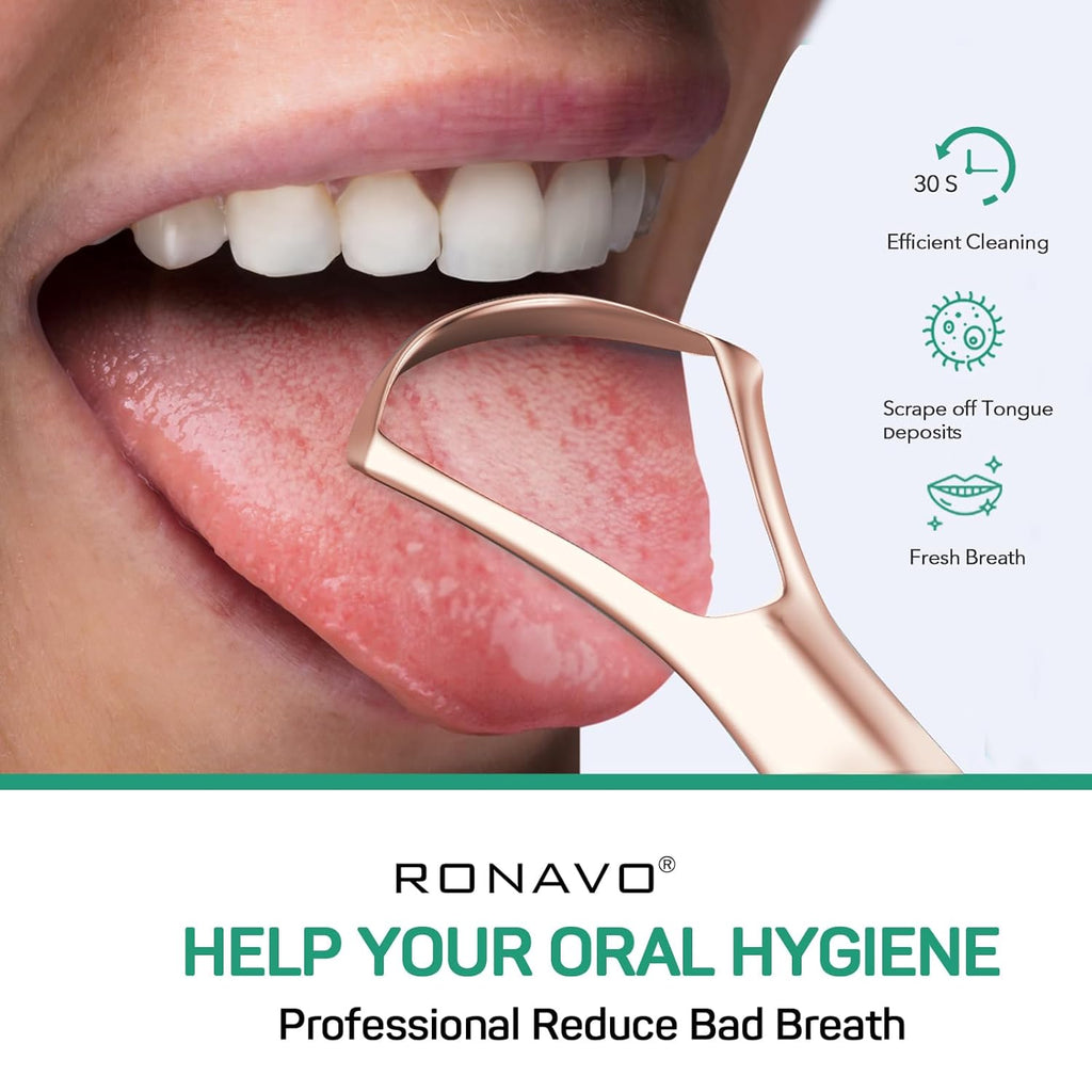 RONAVO Tongue Scraper for Adults, Tongue Scrapper for Women, Metal Tongue Cleaner with Travel Case for Oral Care, Fresher Breath in Seconds, Easy to Use and Clean, 2 Pack