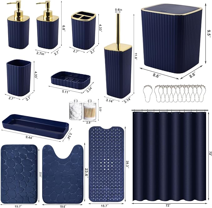 26PC Bathroom Accessories Set - Gorgeous Blue Bathroom Set, Bathroom Accessory Set, Navy Blue Shower Curtain Set with Bathtub Mats for Shower Tub