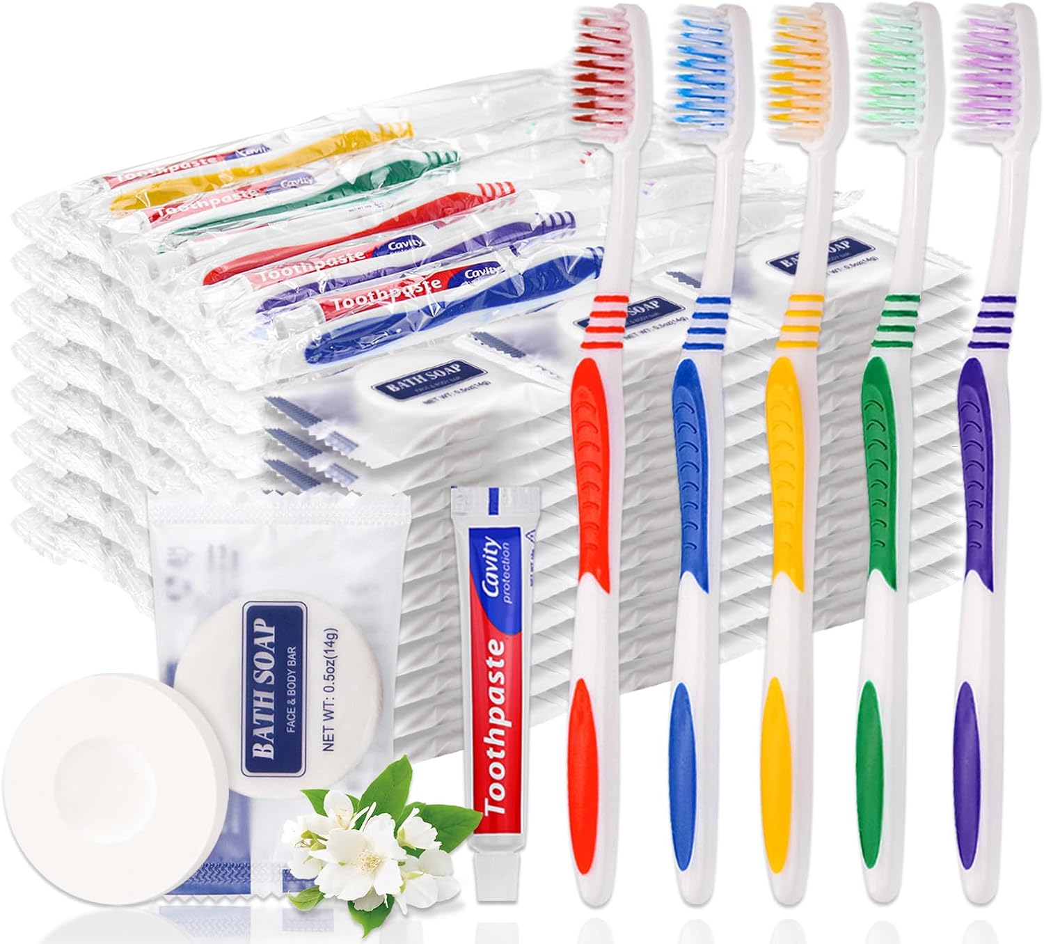 25 Set Disposable Toothbrushes with Toothpaste and Soap Individually Wrapped, 25 pcs Toothbrushes, 5 Colors with 25 pcs Bar Soap(0.5 oz)
