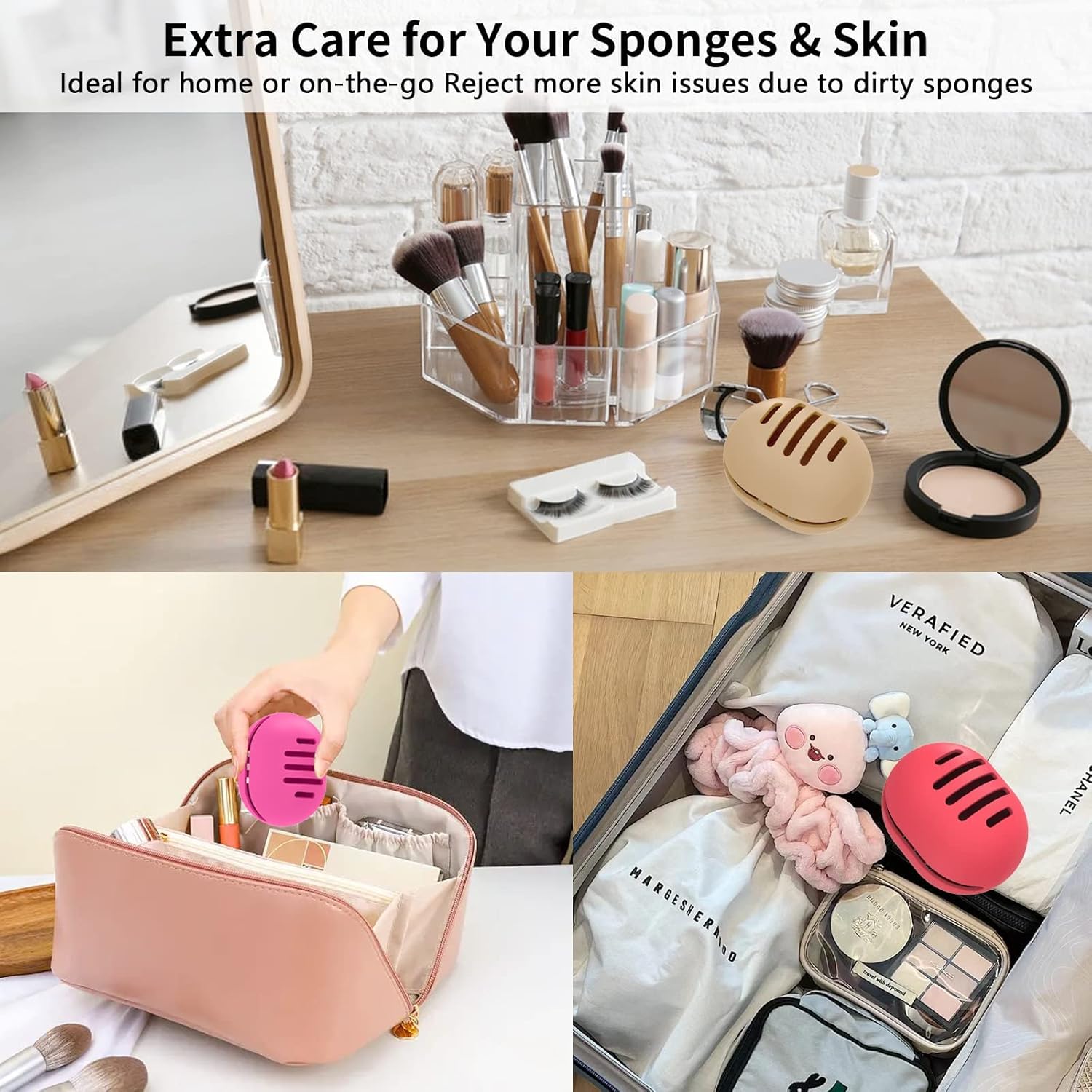 Makeup Sponge Holder, Dual-Vented Silicone Beauty Blender Holder for Travel, Shatterproof Make Up Sponge Travel Case for All Sponges Sanitary Carry, Mint Green