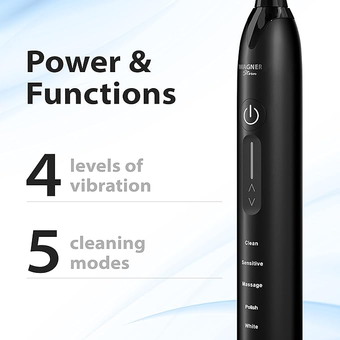 Wagner Stern Ultrasonic whitening Toothbrush with Pressure Sensor. 5 Brushing Modes and 4 Levels of Intensity, 8 Soft bristles, Travel case.