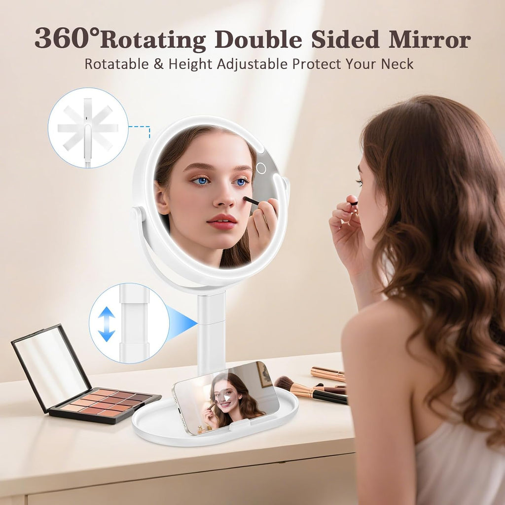 15X/1X Makeup Mirror with Lights, 4000mAh Vanity Mirror with 3 Lighting and Adjustable Brightness, 2-Sided Height Adjustable Lighted Magnifying Mirror, Make Up Mirror Gifts for Elder Women