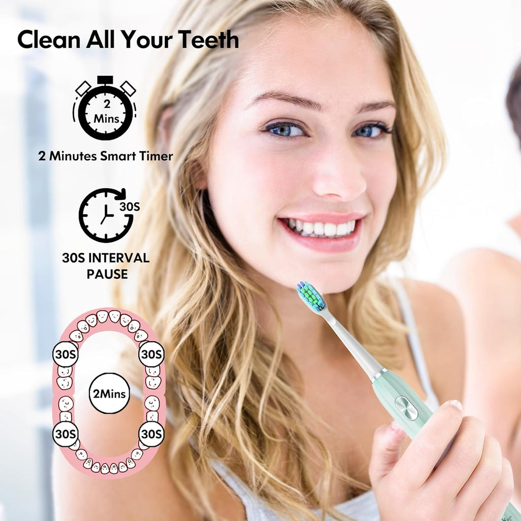 DADA-TECH Ultrasonic Toothbrush for Adults Sonic Toothbrush, 9 Brush Heads, 5 Cleaning Modes, 4-Hour Charge Lasts 60 Days (Green)