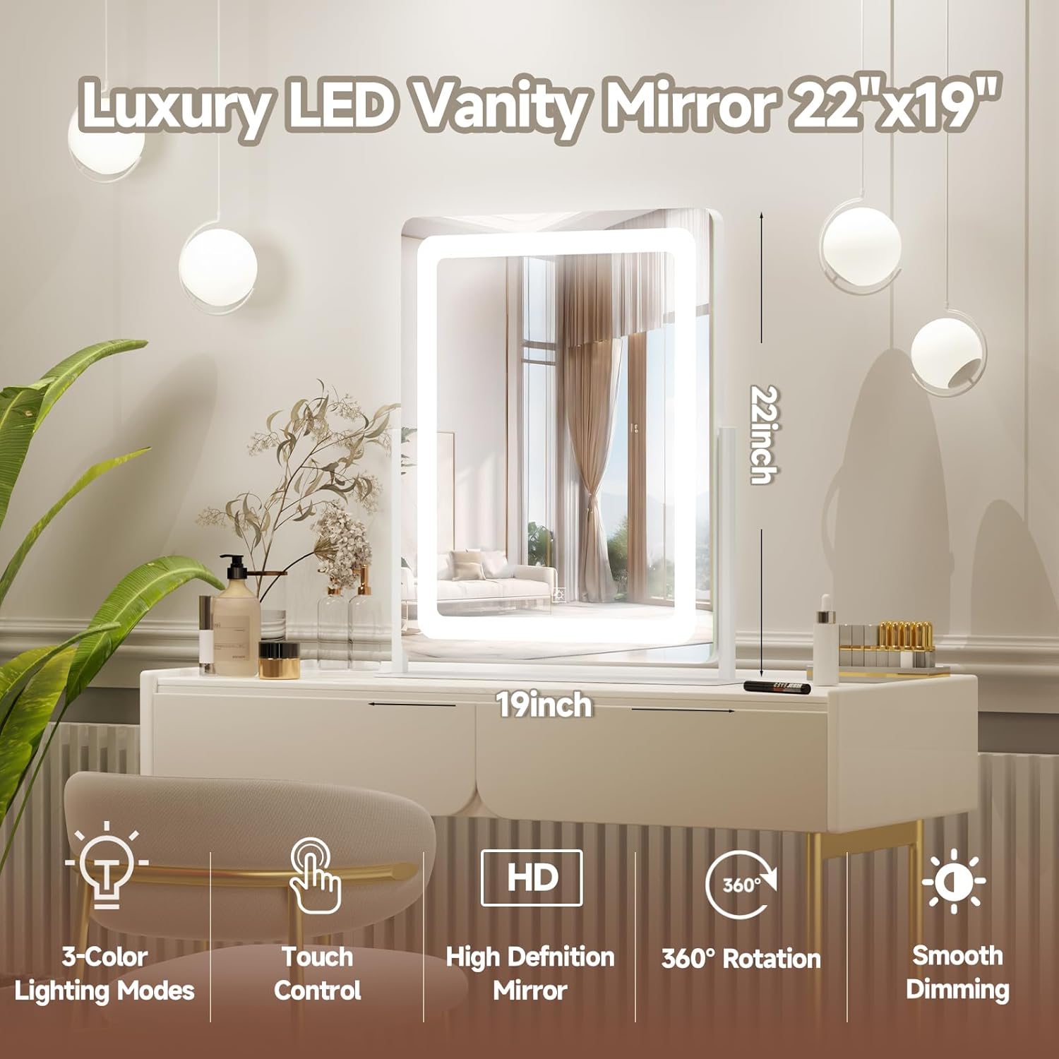 PRIMETEK Vanity Mirror with Lights, 19"x22" Large Makeup Mirror with Lights, LED Lighted Makeup Mirror, Touch Screen with 3-Color Lighting, Dimmable for Vanity Desk Tabletop, Bedroom, White