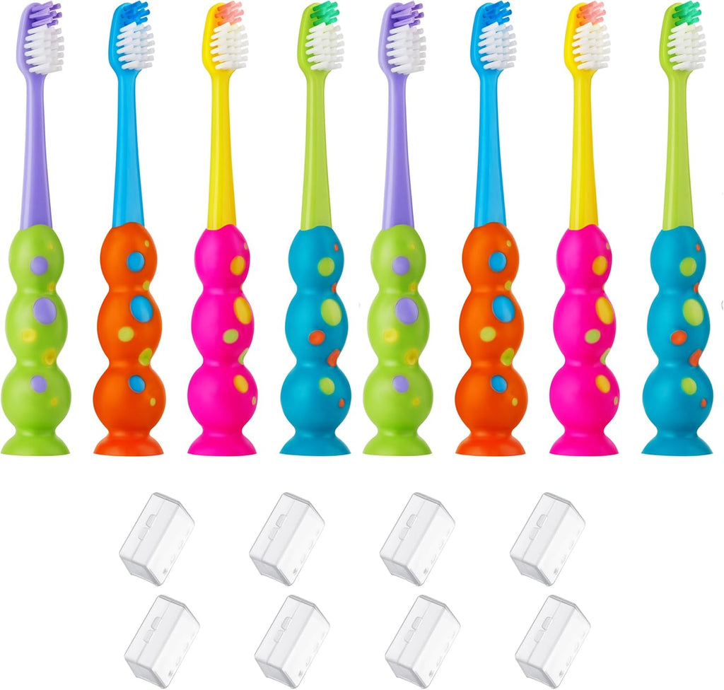 Trueocity Kids Toothbrush 8 Pack - Soft Contoured Bristles - Child Sized Brush Heads (3-10 Year Old) - Suction Cup for Fun & Easy Storage - Girl & Boy Set (8-Pack, Multi-Color)
