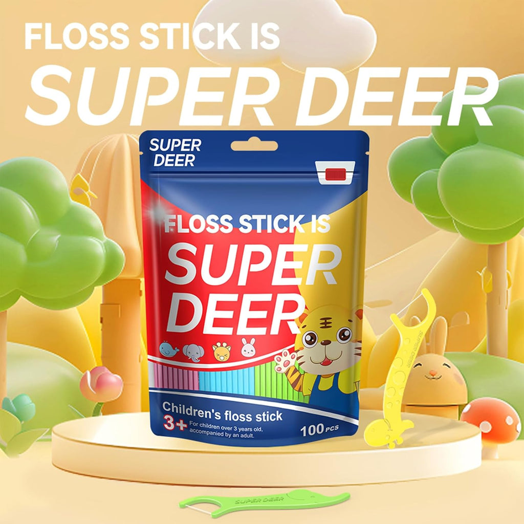 Super Deer Dental Floss Picks for Kids,4 Animal-Shaped Picks, Fluoride-Free, Fun Oral Care in Colorful Floss Sticks Design Ideal for Ages 3+, 100 Count (Pack of 1)