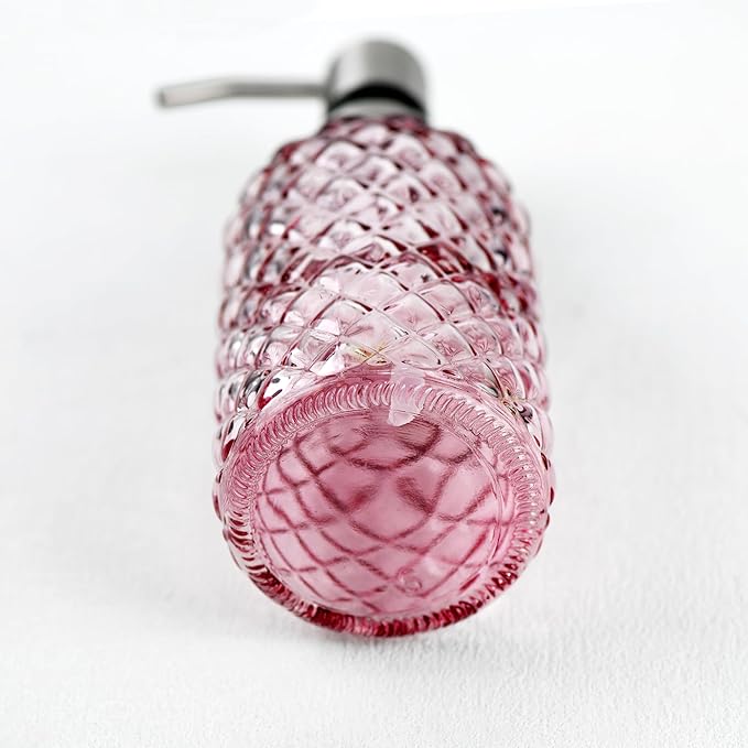 16 oz Soap Dispenser with 304 Rustproof Stainless Steel Pump, Kitchen, Bathroom Refillable Glass Liquid Soap Dispenser for Hand Soap, Soap, Lotion. (Pink)