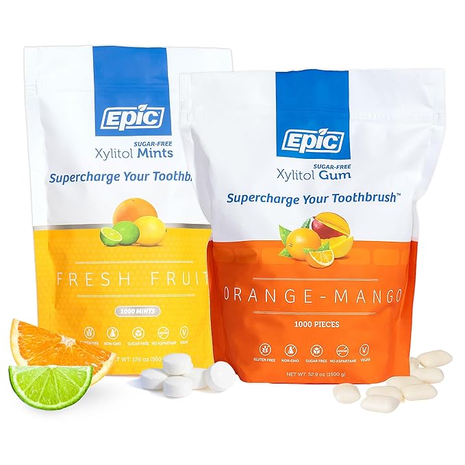Epic Xylitol Orange Mango Chewing Gum & Fresh Fruit Mints Bundle - 1000 Pieces Orange Mango Gum & 1000 Fruit Mints - Sugar Free, Aspartame Free, Dentist-Recommended for Dry Mouth & Cavity Protection