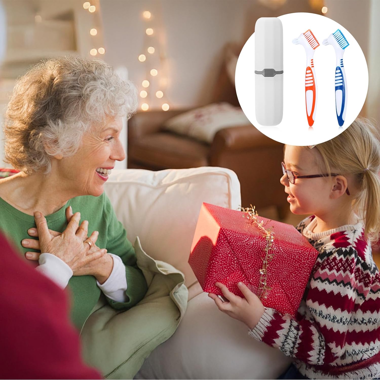 2Pcs Denture Brush, Denture Cleaning Brush Set with White Carrying Case Denture Toothbrushes with Multi-Layered Soft Bristles and Rubber Anti-Slip Handle (Blue + Orange)