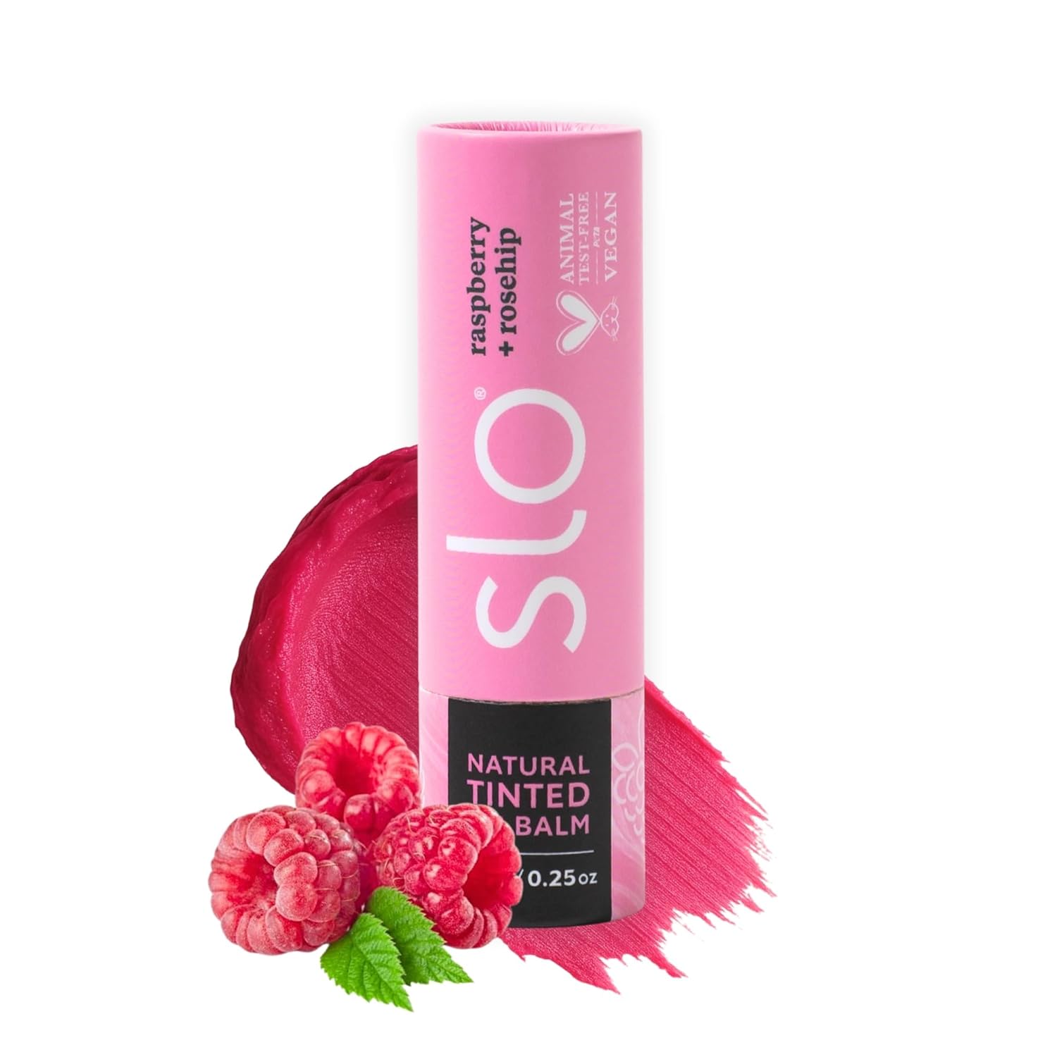 Slo | Natural Lip Balm - All Natural Ingredients, Vegan & Cruelty Free, Hydrating & Soothing, Plastic Free, Paper Packaging | Raspberry + Rosehip, (0.28oz/8g)