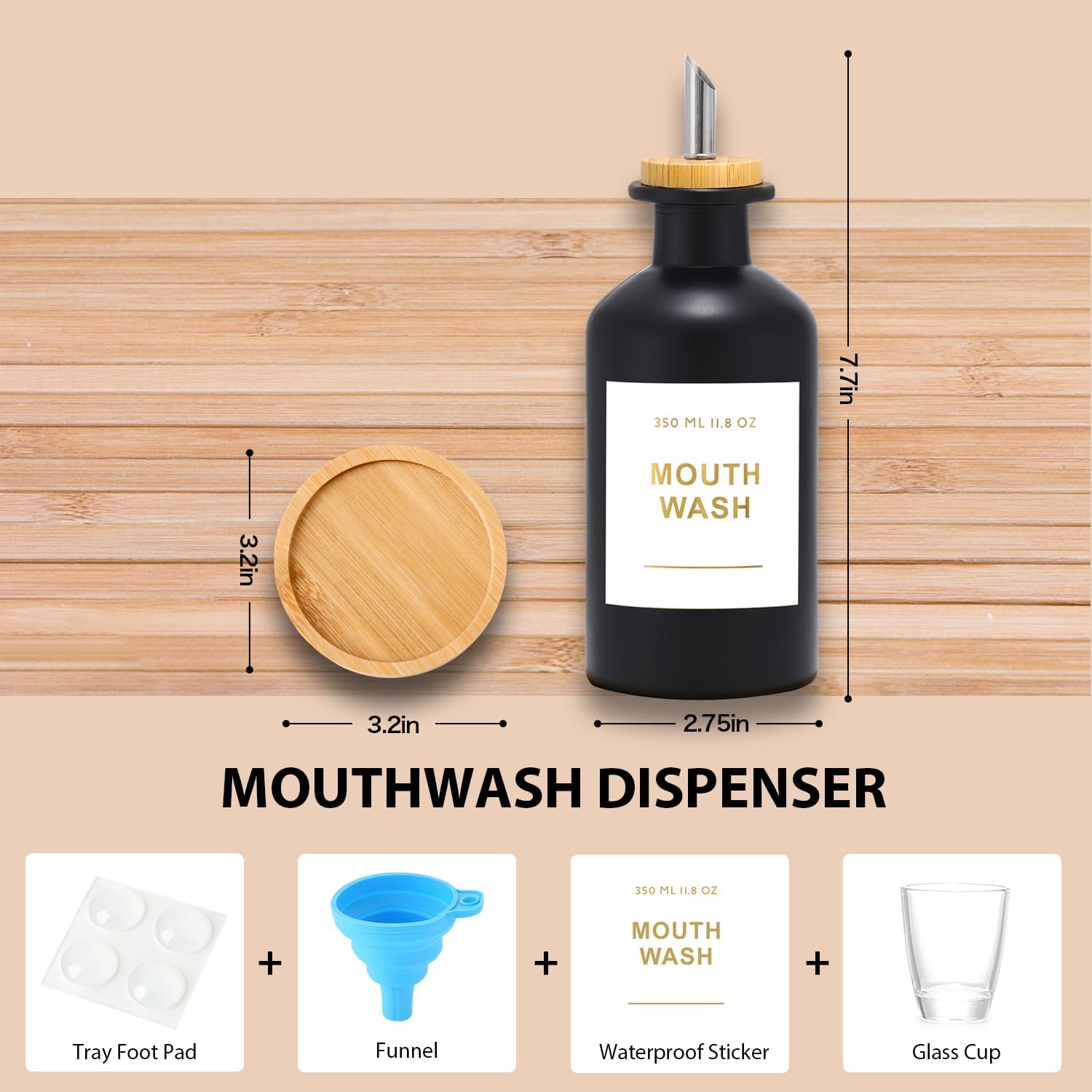 11.8OZ Glass Mouthwash Dispenser for Bathroom with Stainless Steel & Bamboo Nozzle, Mouthwash Cup Reusable, Bamboo Tray, and Elegant Gold Sticker.(Black)