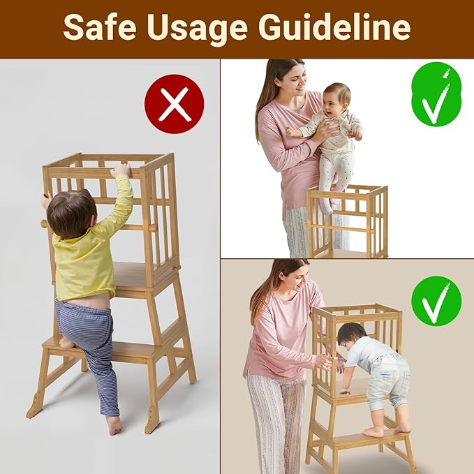 COSYLAND Kids Kitchen Step Stool，Toddler Standing Tower with CPC Certification, Removable Anti-Drop Railing Safety Rail Unique Patented Design Anti-tip Structure More Stable, 1.5-3 yrs Natural Bamboo