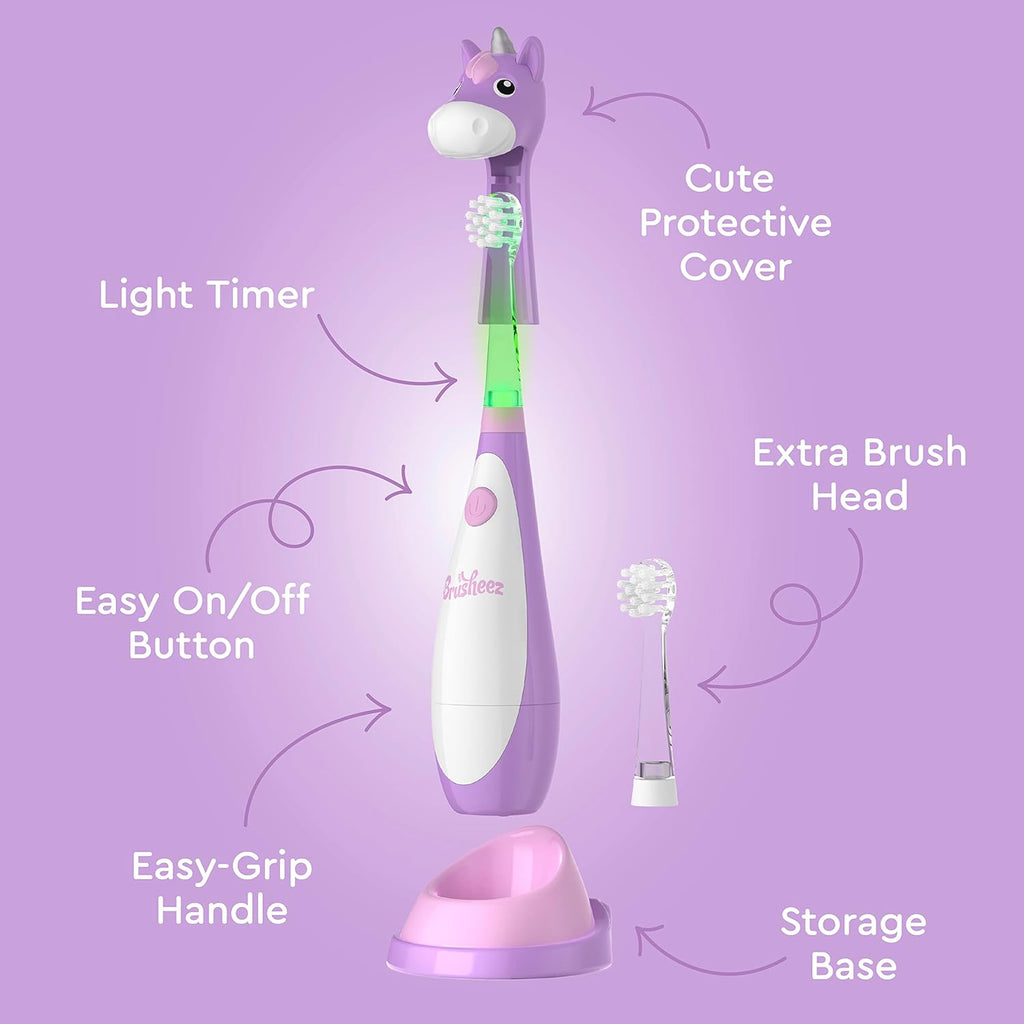 Brusheez Little Toddlers’ Sonic Toothbrush - Safe & Gentle Toothbrush for Ages 1-3 with Built-in, Light-Up 2-Minute Timer, Extra Brush Head, & Storage Base for First-Time Brushers (Lucky The Unicorn)