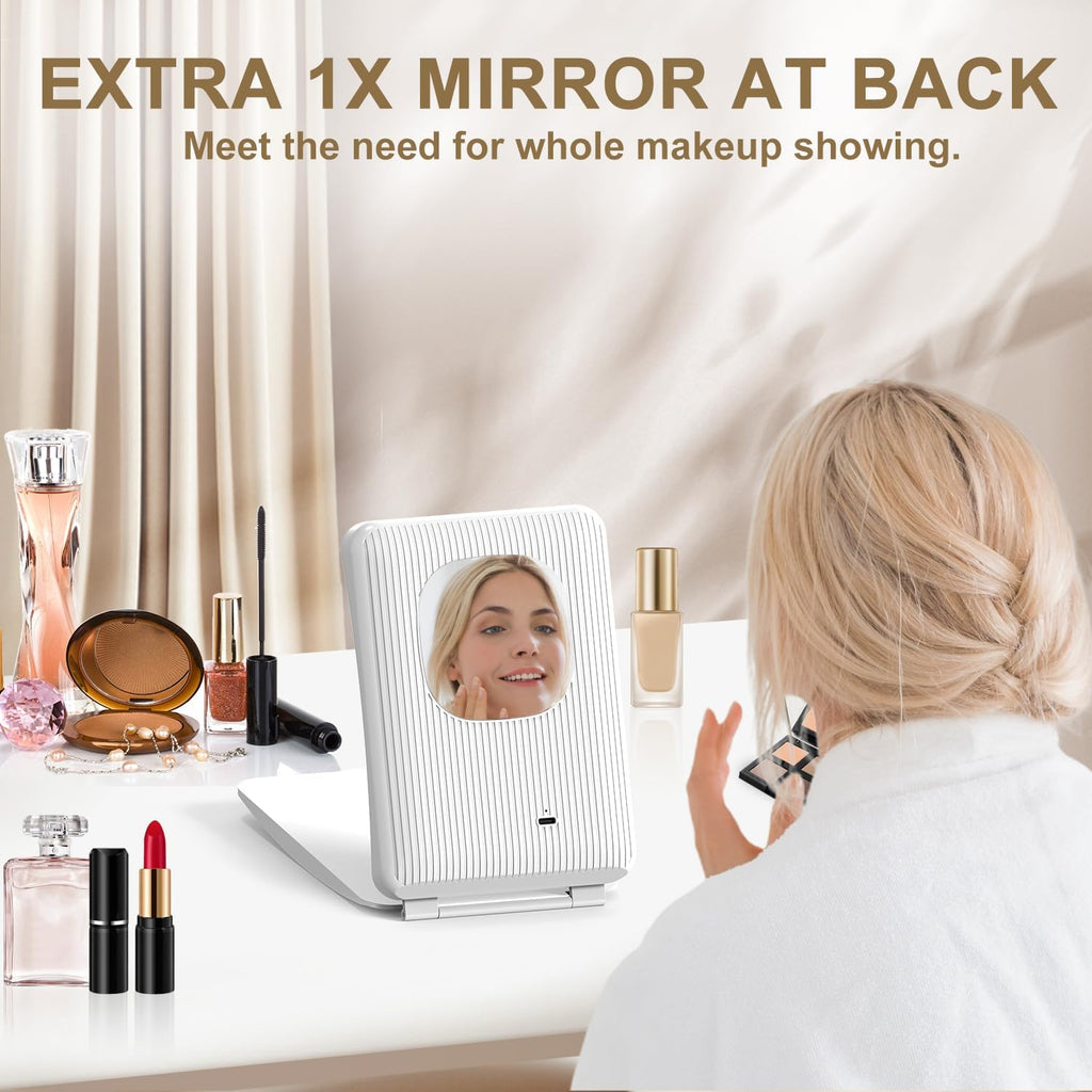 Mocado Travel Makeup Mirror with Light, 1x/10x Magnifying Mirror with Light, 3 Colors Lighted Magnifying Mirror, 2000mAh Rechargeable Lighted Makeup Mirror, Dimmable Touch, Memory Function (White)