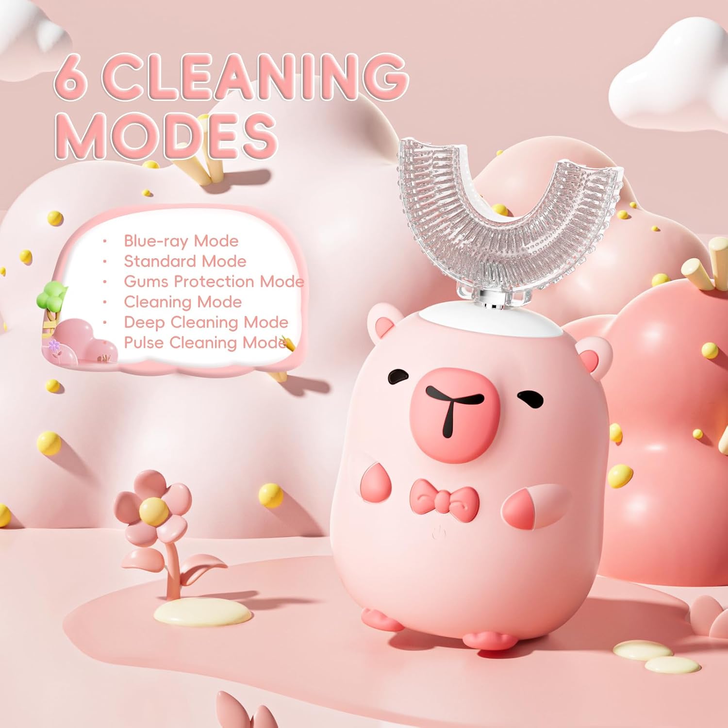 Kids Electric Toothbrush U Shaped - Cartoon Capybara with 6 Brush Heads Full Mouth Degree Cleaning Sonic Toddler Automatic Toothbrush with IPX7 Waterproof (Pink 2-14 Years)