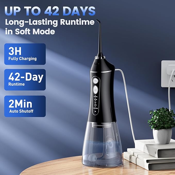 Water Flosser for Teeth Cleaning and Flossing, 5 Modes Rechargeable Cordless Oral Irrigator 320ml Water Tank Teeth Cleaner, IPX7 Waterproof Portable Electric Dentel Flossers for Home and Travel,Black