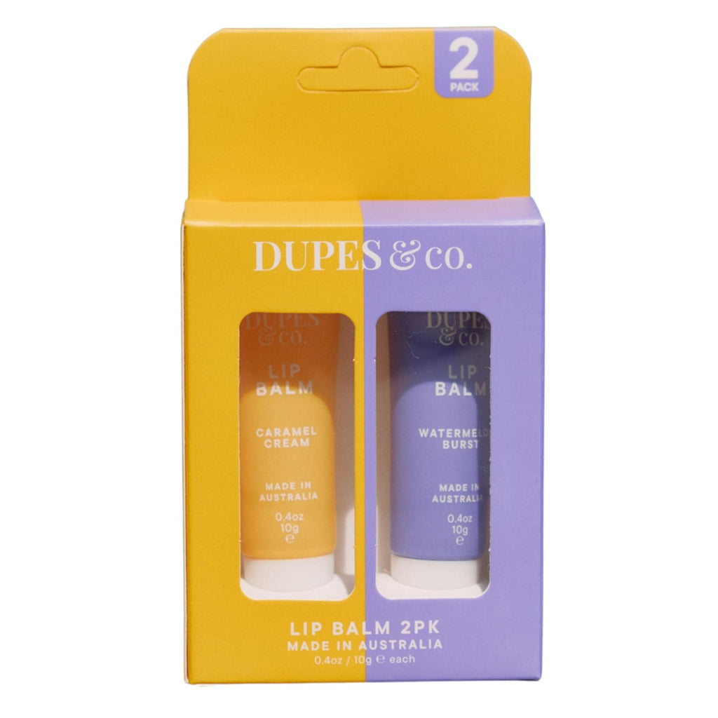 Dupes & CO. Lip Balm 2-Pack – Caramel Cream & Watermelon Burst, Hydrating Fruity Lip Moisturizer, Vegan & Cruelty-Free, Soft Smooth Nourishing Lips, Australian Made, 2 x 0.4 oz