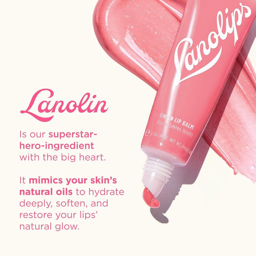 Lanolips Tinted Lip Balm - Enriched with Lanolin Oil for Shine & Hydration - Hydrating Tinted Lip Gloss Tube - Rose (12.5g / 0.44oz)
