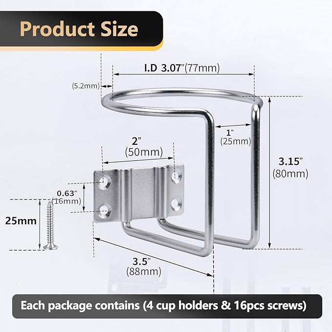 Marinebaby 2 pcs Boat Cup Holder,Stainless Steel Universal Drink Holders,Suitable for Boat,Truck,RV,Tractor,Outdoor Wooden Swing. (Silver)