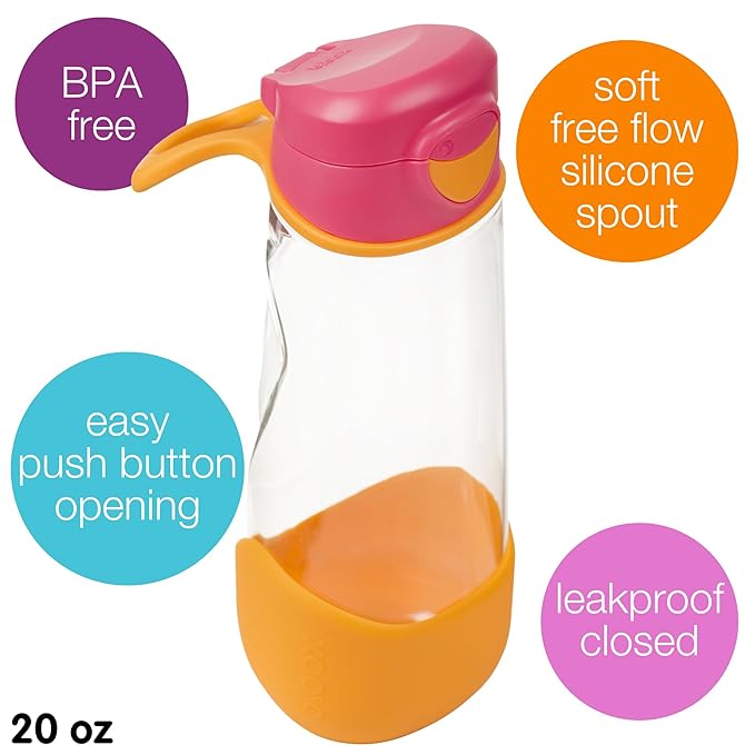 b.box 20 oz Sport Spout Kids Water Bottle for School, Sports, Travel, Daycare. Leakproof, Spill Proof, Dishwasher Safe. Easy Grip Triangle Shape, Durable Tritan Material. BPA Free.