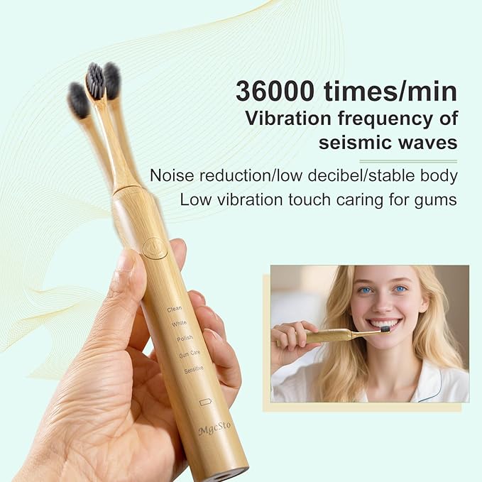 Sonic Bamboo Electric Toothbrush for Adults - Rechargeable Electric Bamboo Toothbrush -4 Pack Soft Brush Heads-Plant-Based Bristles | 5 Cleaning Modes Long-Lasting Battery