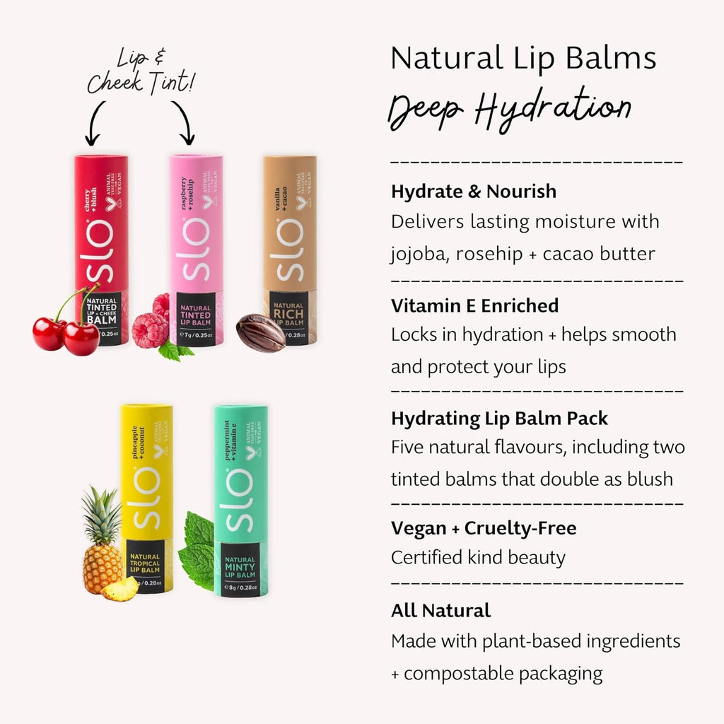 Slo | Natural Lip Balm - All Natural Ingredients, Vegan & Cruelty Free, Hydrating & Soothing, Plastic Free, Paper Packaging | 5 pack one of each flavour (5 x 0.28oz/8g)