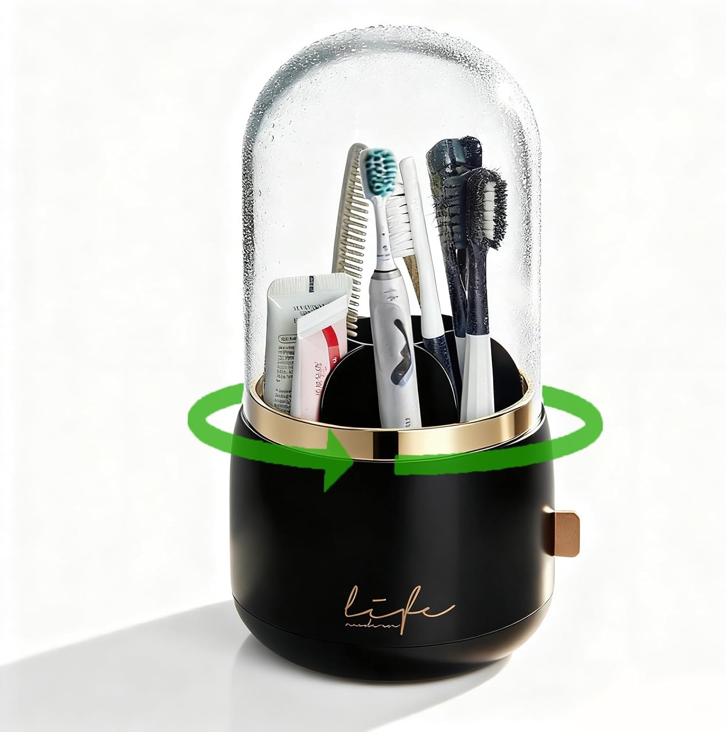 bubooo 360° Rotating Toothbrush Holder for Bathroom - Non-Slip Space-Saving 7-Slot with Cover & Drainage, Electric Toothbrushes/Toothpaste/Razor Organizer for Counter Vanity (black)