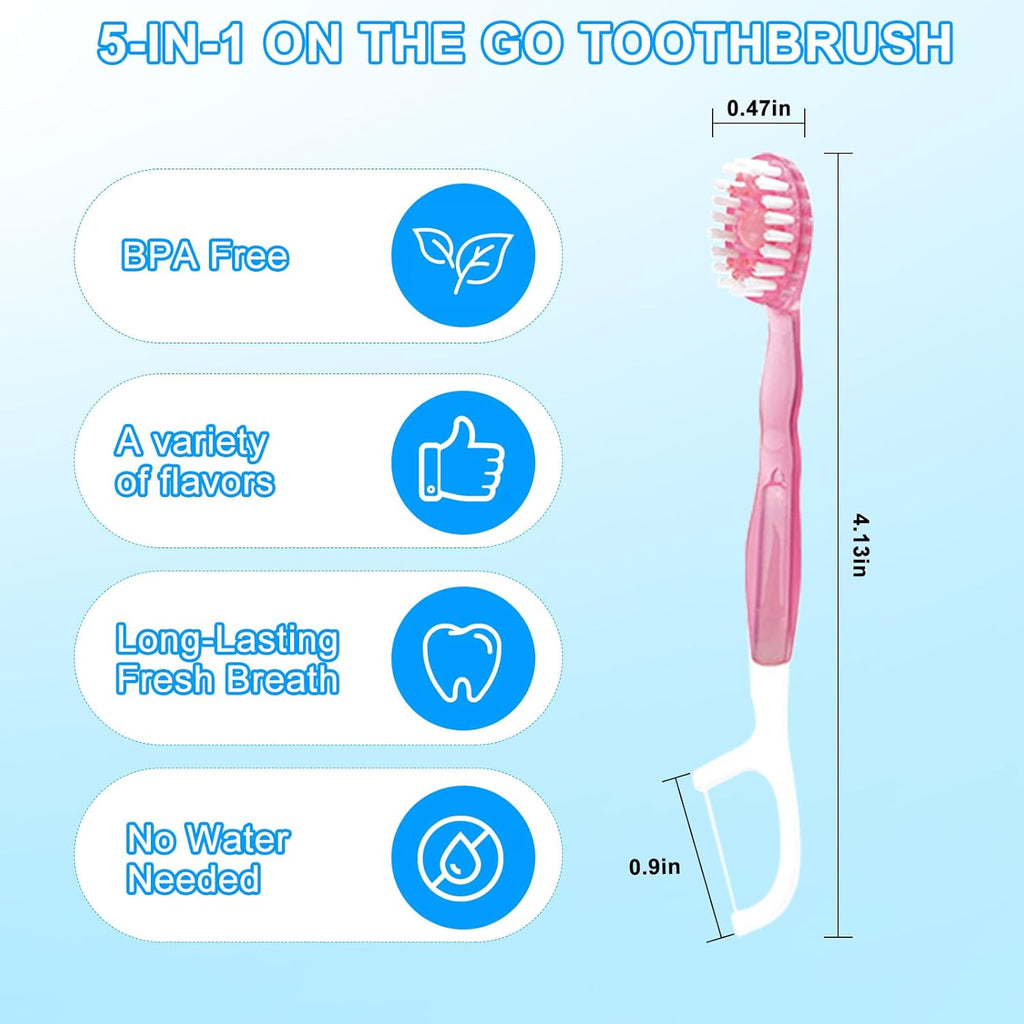 5 in 1 Toothbrush & Floss, 26Pcs mini toothbrushes with Toothpaste, All in one Oral Care on The go, 5 in 1 mini Brush, Toothpaste and Floss, Disposable Travel Toothbrush Set (1)