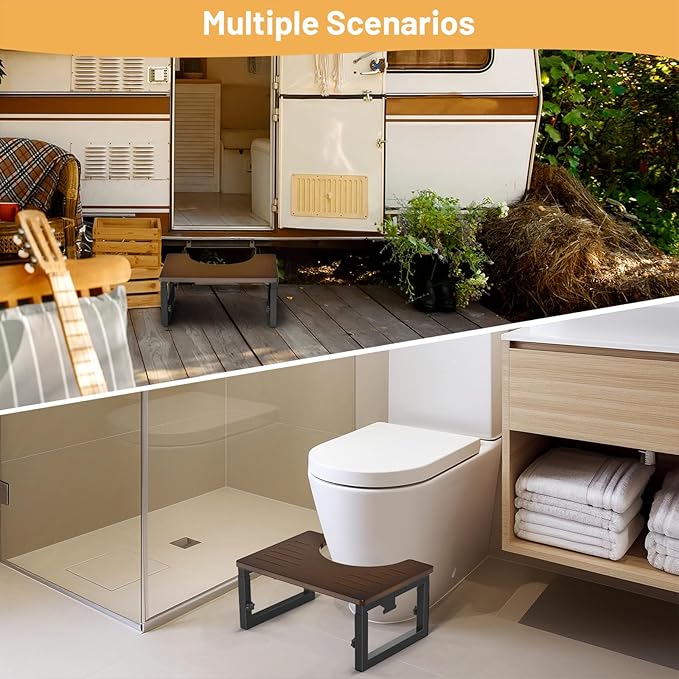 Bamboo Toilet Stool Squat, 7in 8 in & 9in Adjustable Heights, Foldable Poop Stools for Bathroom Adults Kids, Squat Stool Potty with Non-Slip, Sturdy Pooping Step Stools, Brown