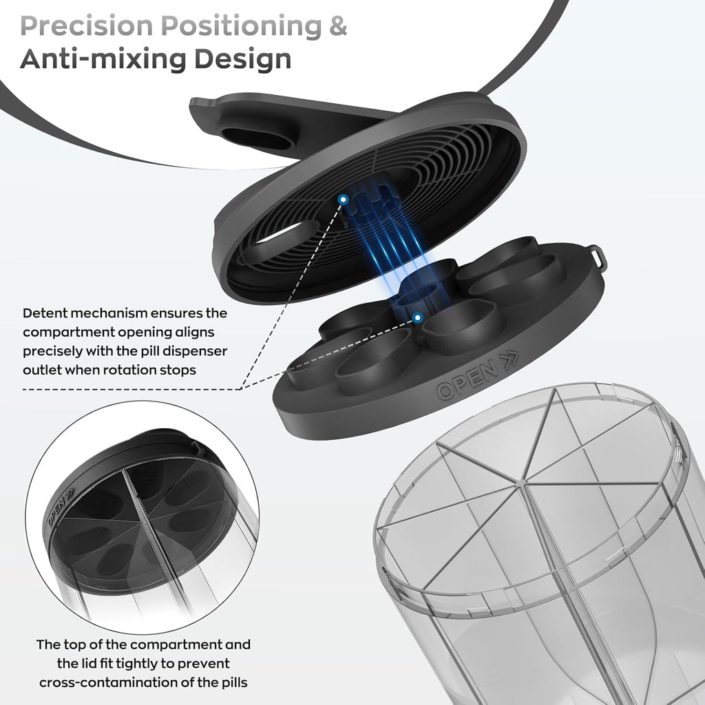 Pill Dispenser with 7 Large Compartments, Pill Organizer for Travel, Supplement Organizer with Anti-Mixing Design, BPA-Free Pill Container with 20 Pcs Labels, Black