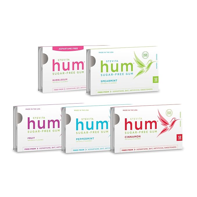 Stevita Hum, Variety Pack - 5 Packets of Sugar-Free Gum - Includes One of Each Flavor: Bubblegum, Peppermint, Cinnamon, Fruit & Spearmint - Non-GMO, Vegetarian, Keto, Gluten Free
