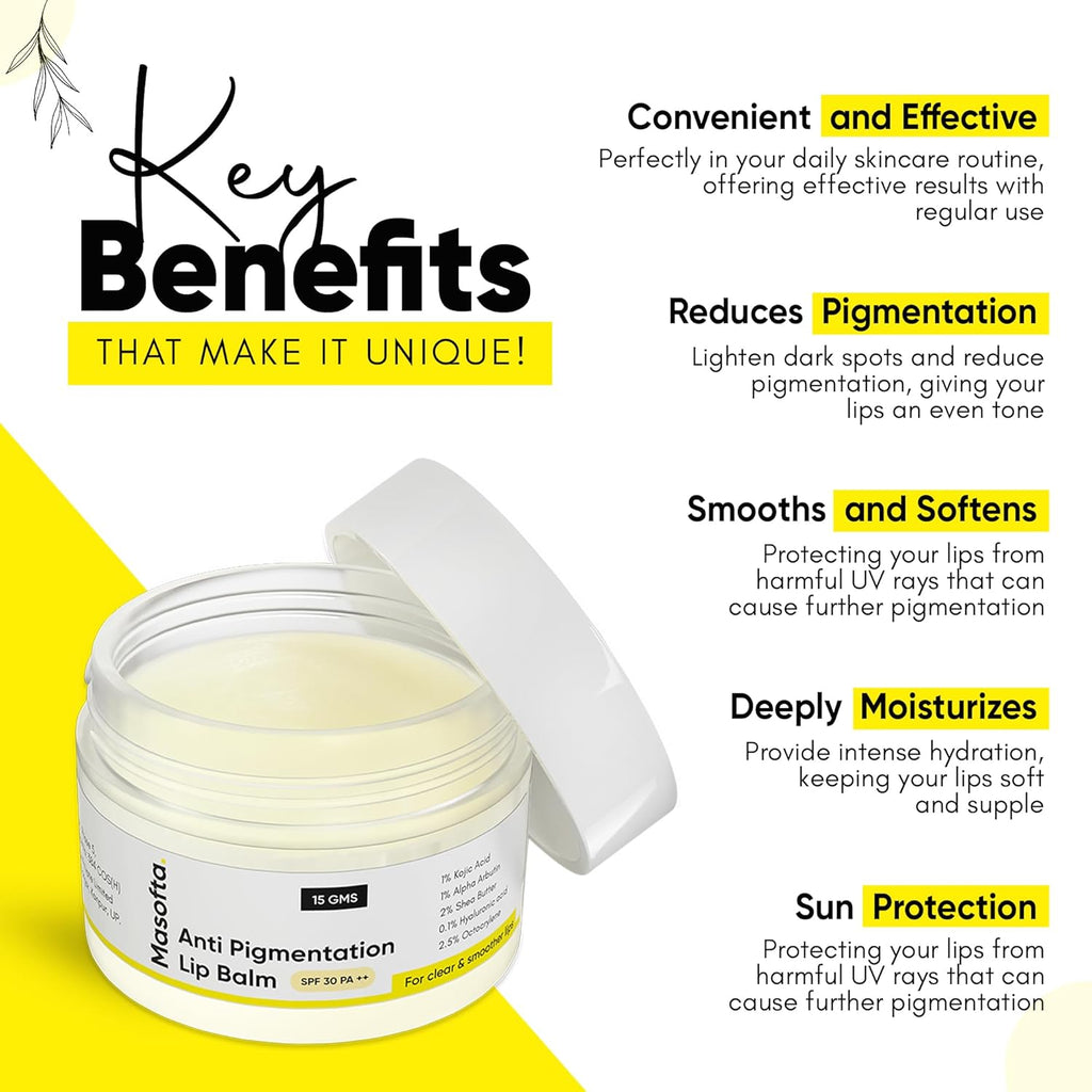 Shea Butter Lip Balm with Kojic Acid, Alpha Arbutin & Shea Butter for Smooth, Crack Free & Clear Lips, SPF 30 PA++, For Men & Women, 0.52 oz/15GMS