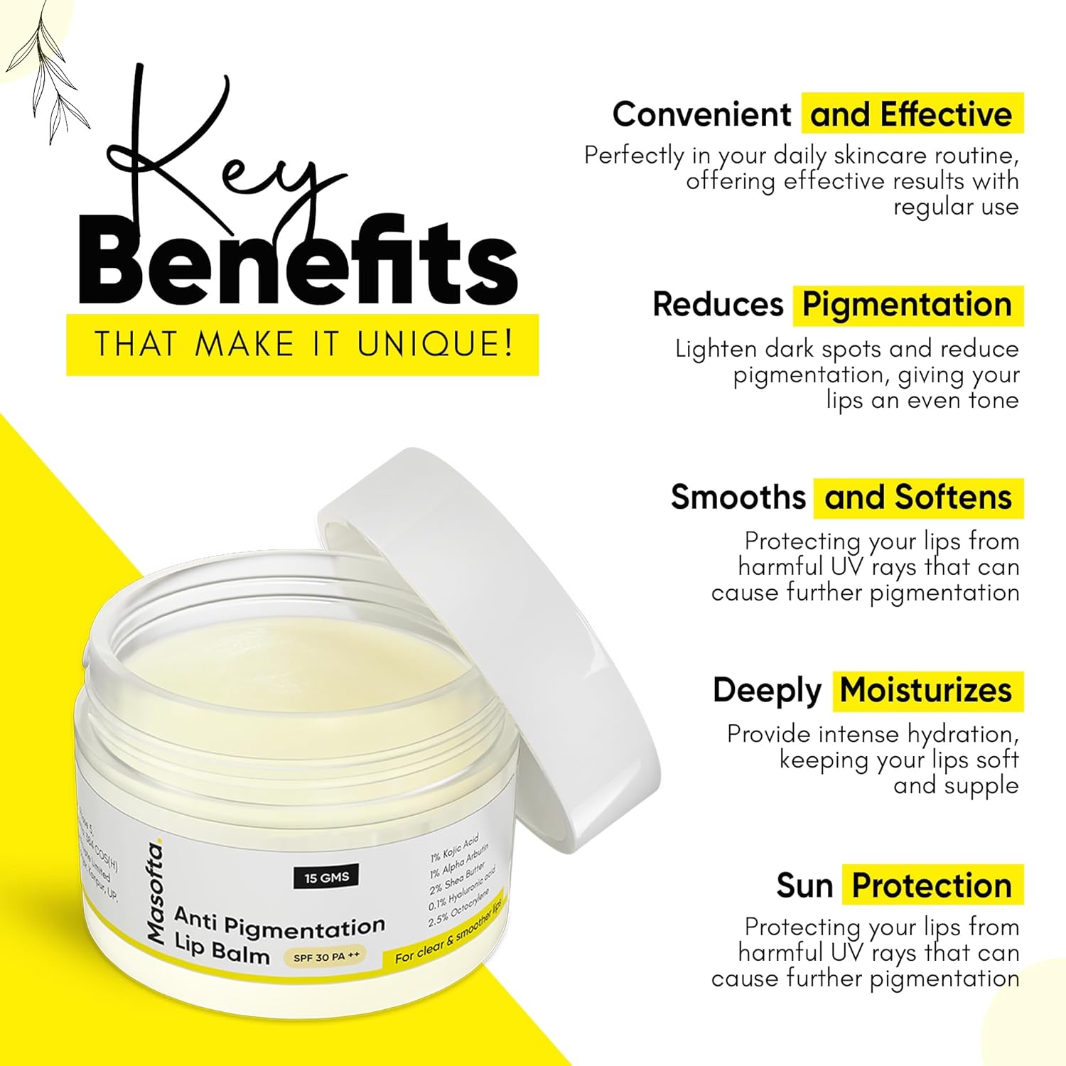 Shea Butter Lip Balm with Kojic Acid, Alpha Arbutin & Shea Butter for Smooth, Crack Free & Clear Lips, SPF 30 PA++, For Men & Women, 0.52 oz/15GMS