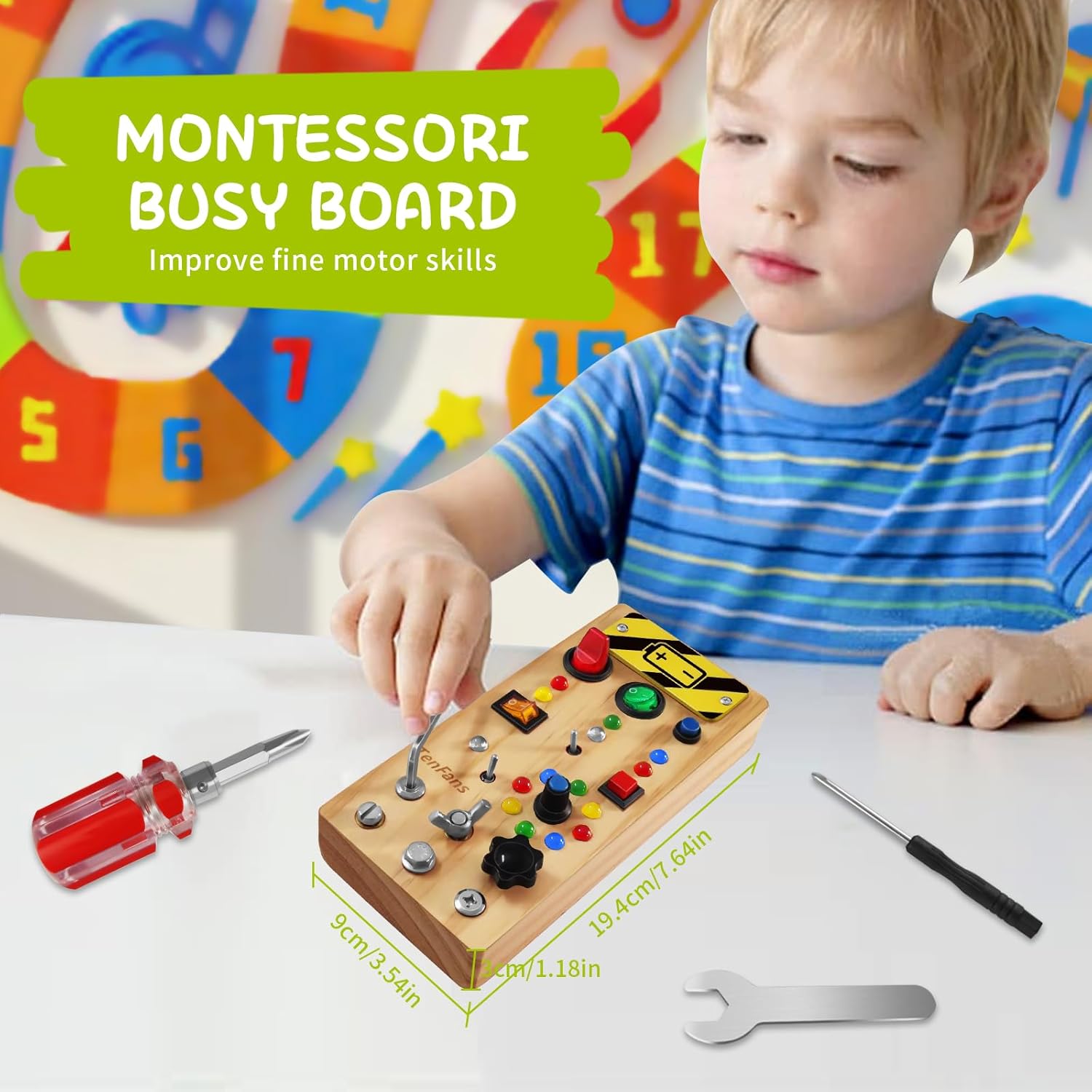 TenFans Montessori Busy Board with 8 LED Light Modes - Sensory Toys for 3-5 Year Olds & Airplane Travel, Wooden Activity Board Develops Fine Motor Skills