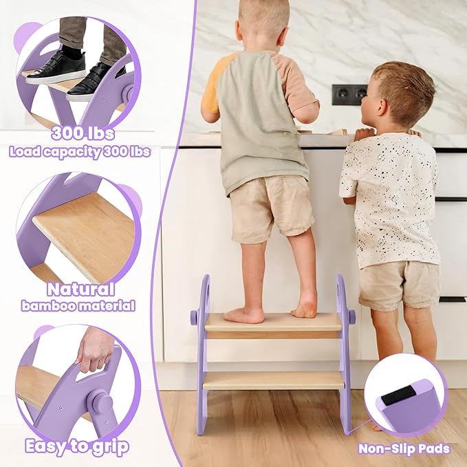 Wooden Step Stool, 300 lb. Load Capacity, with Safety Non-Slip Pads and Handles, Bamboo Step Stool for Bathroom and Kitchen, Gift for Christmas (Purple)