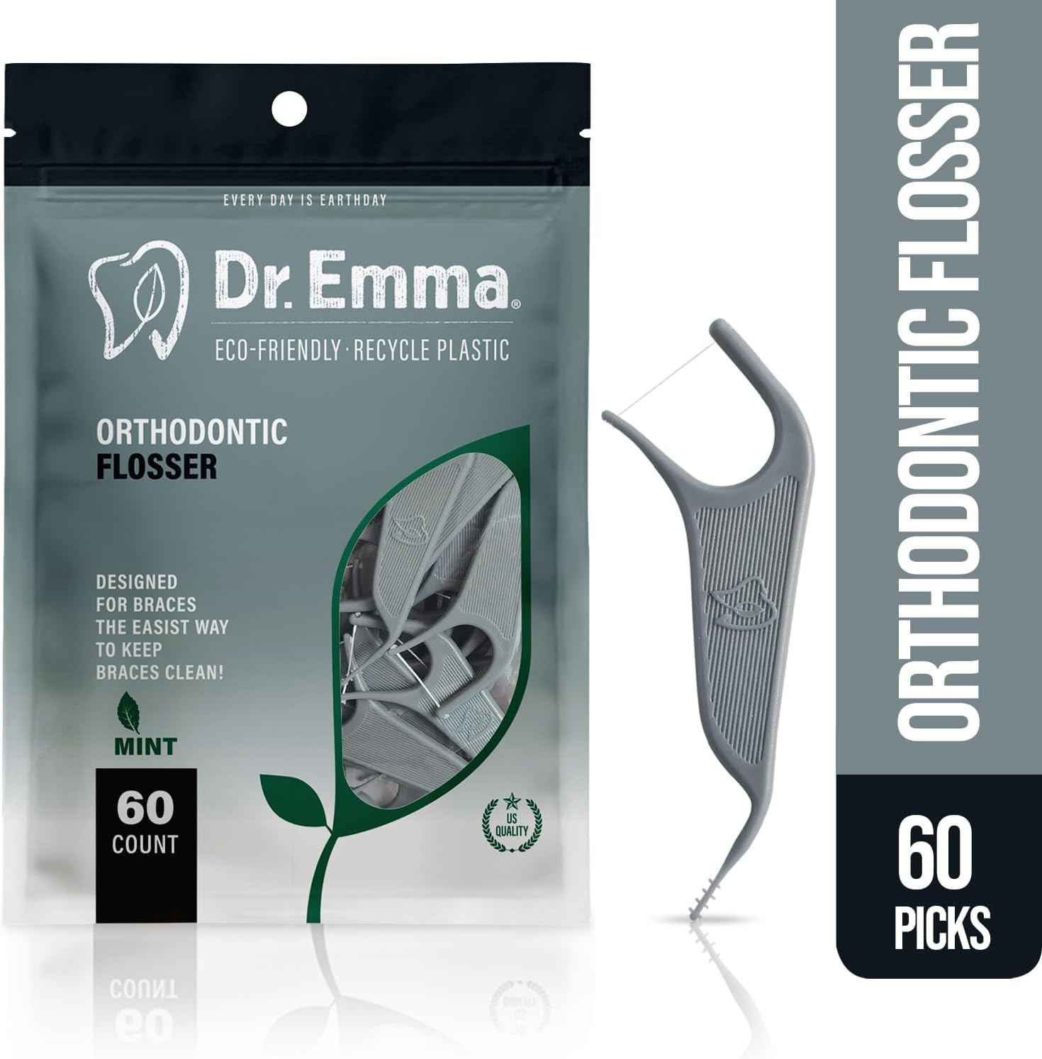 Dr. Emma Orthodontic Flossers for Braces, Ortho Dental Floss Picks, Mint Flavor 60 Count/Bag, Gray, 1 Pack