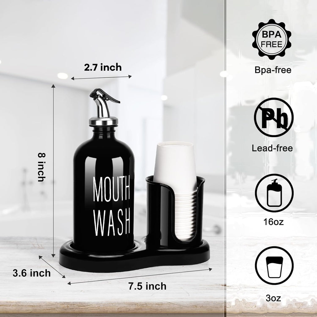 Glass Mouthwash Dispenser with Cup Holder,BYAWAY Mouthwash Set for Bathroom,16 OZ Refillable Mouthwash Bottle Container with 14 Mouthwash Cups,Funnel (Black)
