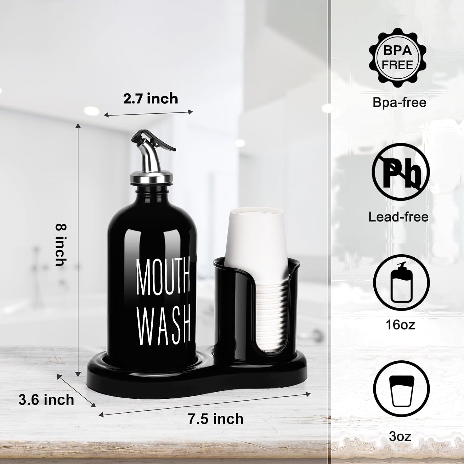 Glass Mouthwash Dispenser with Cup Holder,BYAWAY Mouthwash Set for Bathroom,16 OZ Refillable Mouthwash Bottle Container with 14 Mouthwash Cups,Funnel (Black)