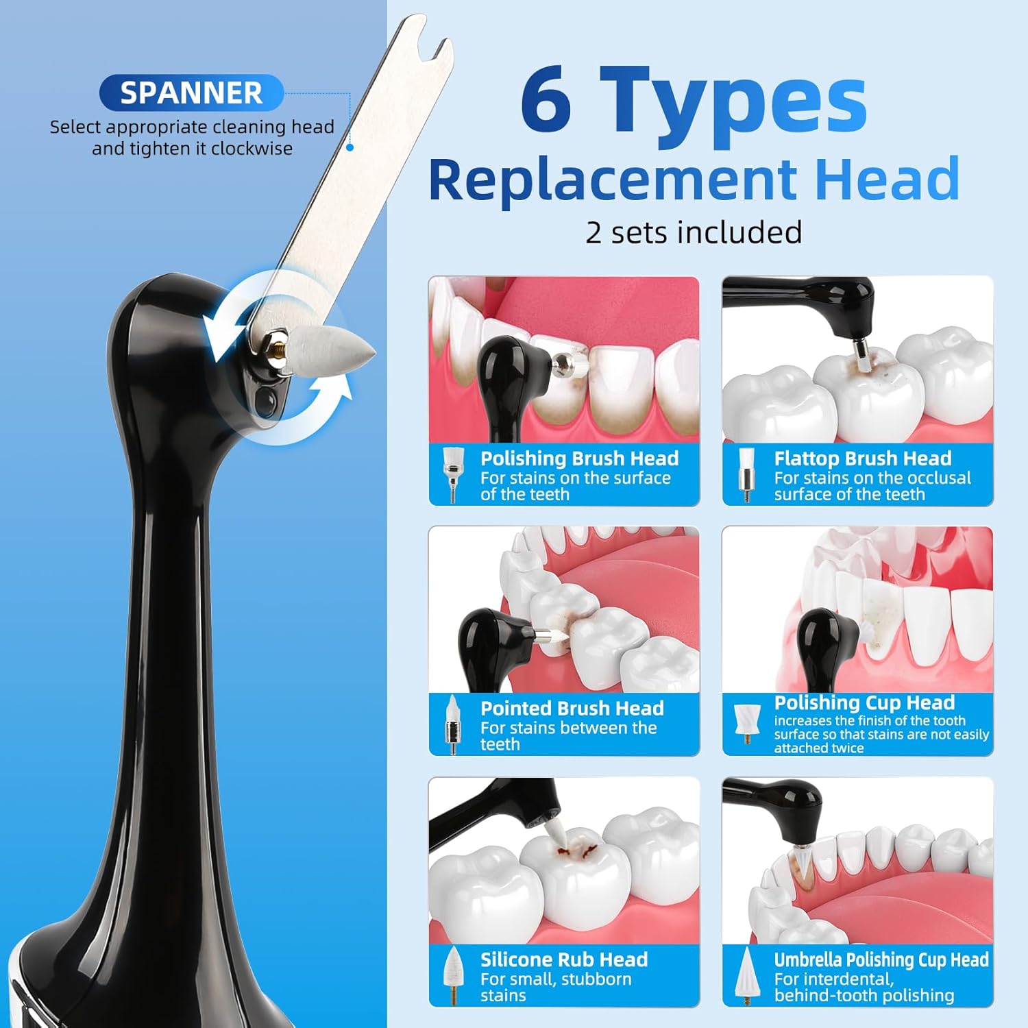 Tooth Polisher,Rechargeable Teeth Whitening Kits for Teeth Daily Cleaning and Whitening,Dental Polisher with 2 Set Polishing Brush Heads,LED Light,5 Speed Modes,Waterproof